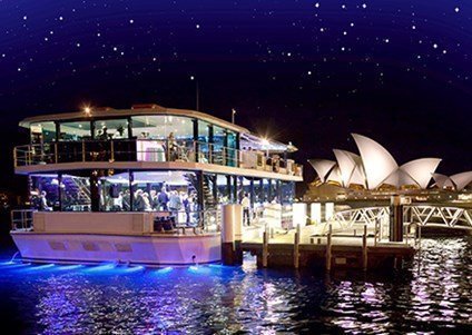 Premium boat hire in Sydney on a glass boat with a sky deck and wrap-around glass windows