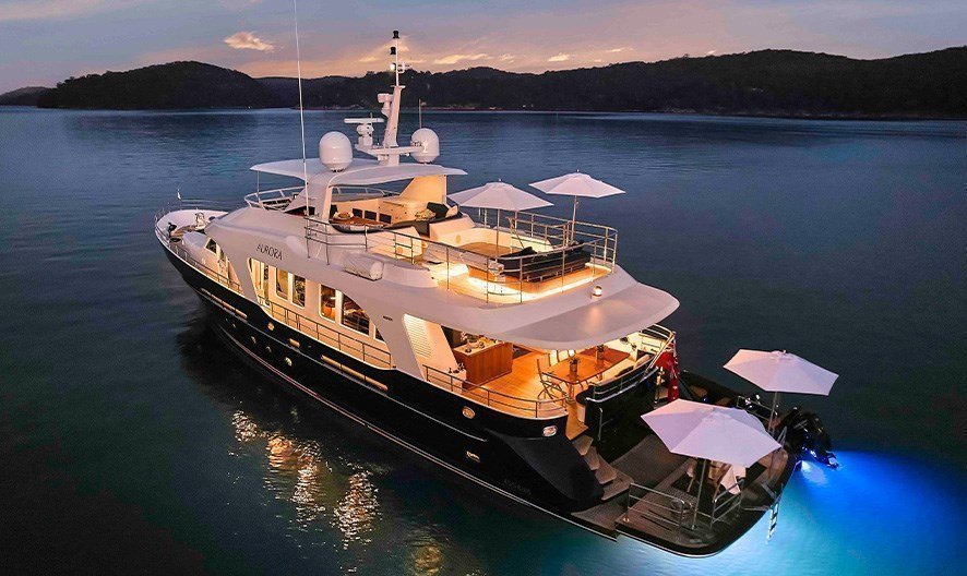 Luxurious boat charter in Sydney on a motor yacht with spacious entertainment and sun deck