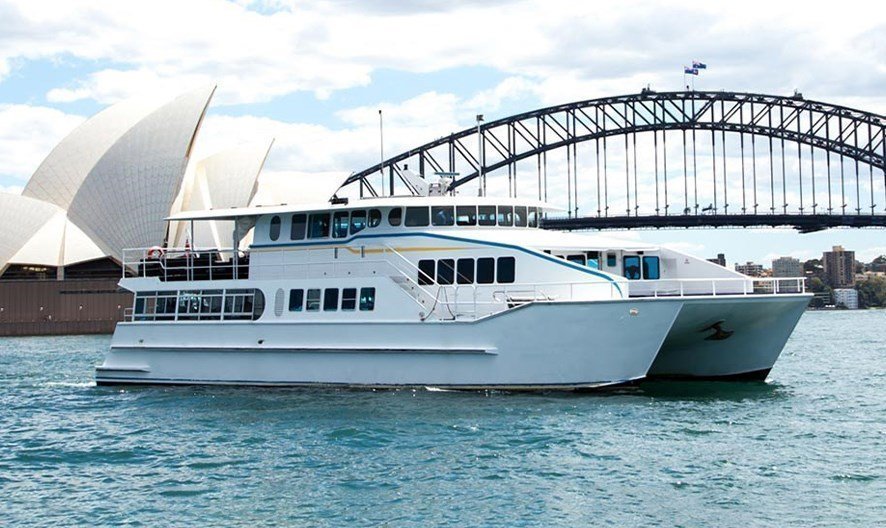 Sydney charter boat hire on a luxury catamaran that can accommodate up to 240 guests.